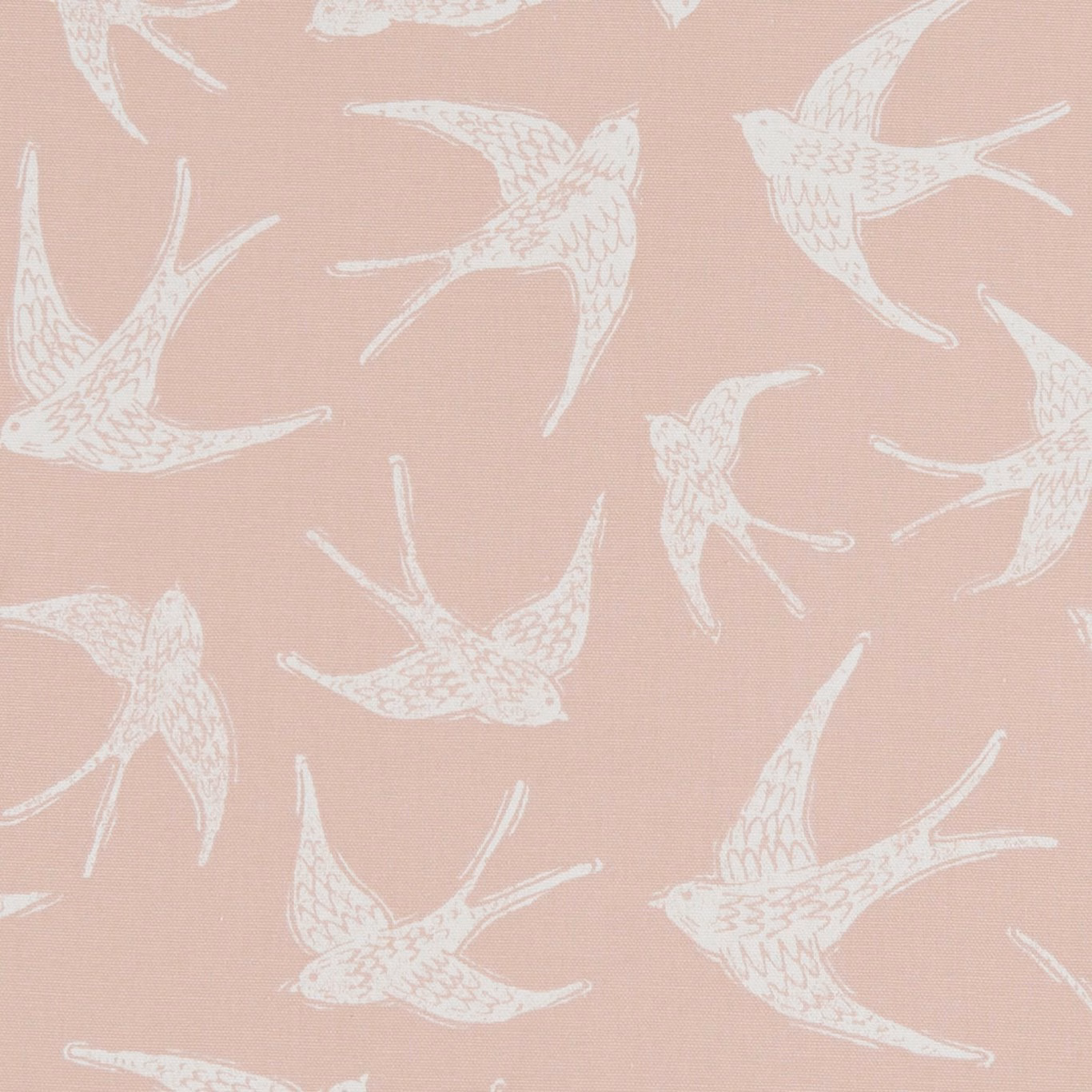 Ivory flying birds scattered across a softly textured dusty blush-pink fabric