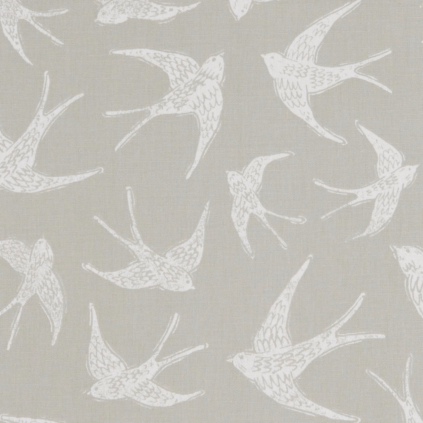 Muted taupe woven fabric with off-white flying swallows and fine visible texture
