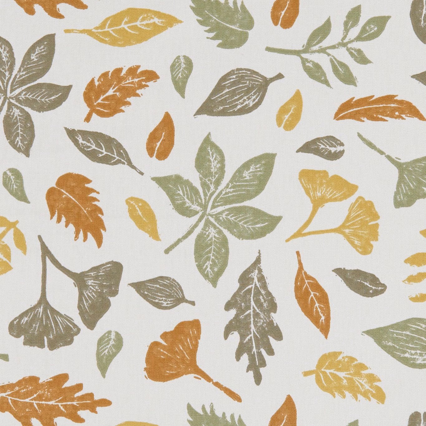 Muted olive, rust and ochre leaves scattered across an ivory ground