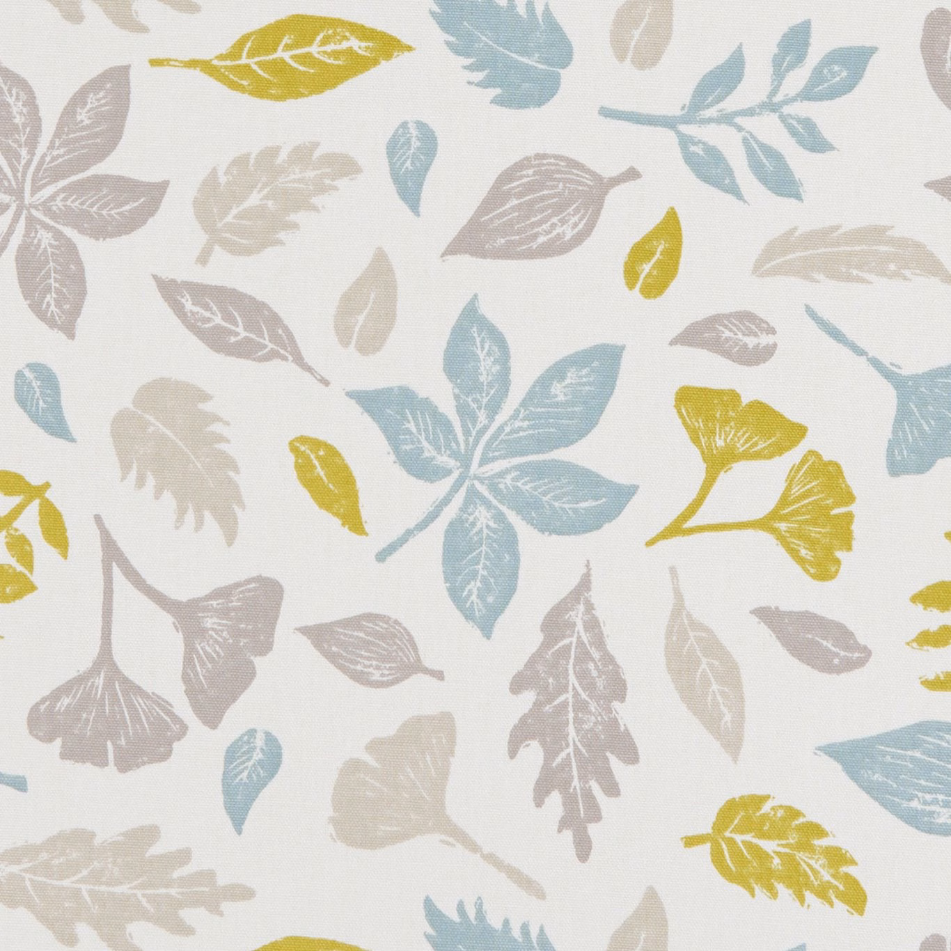 Cream botanical fabric with mineral blue, taupe and yellow scattered leaves