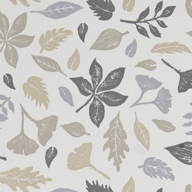 Natural fabric with scattered charcoal, taupe and blue-grey leaf motifs