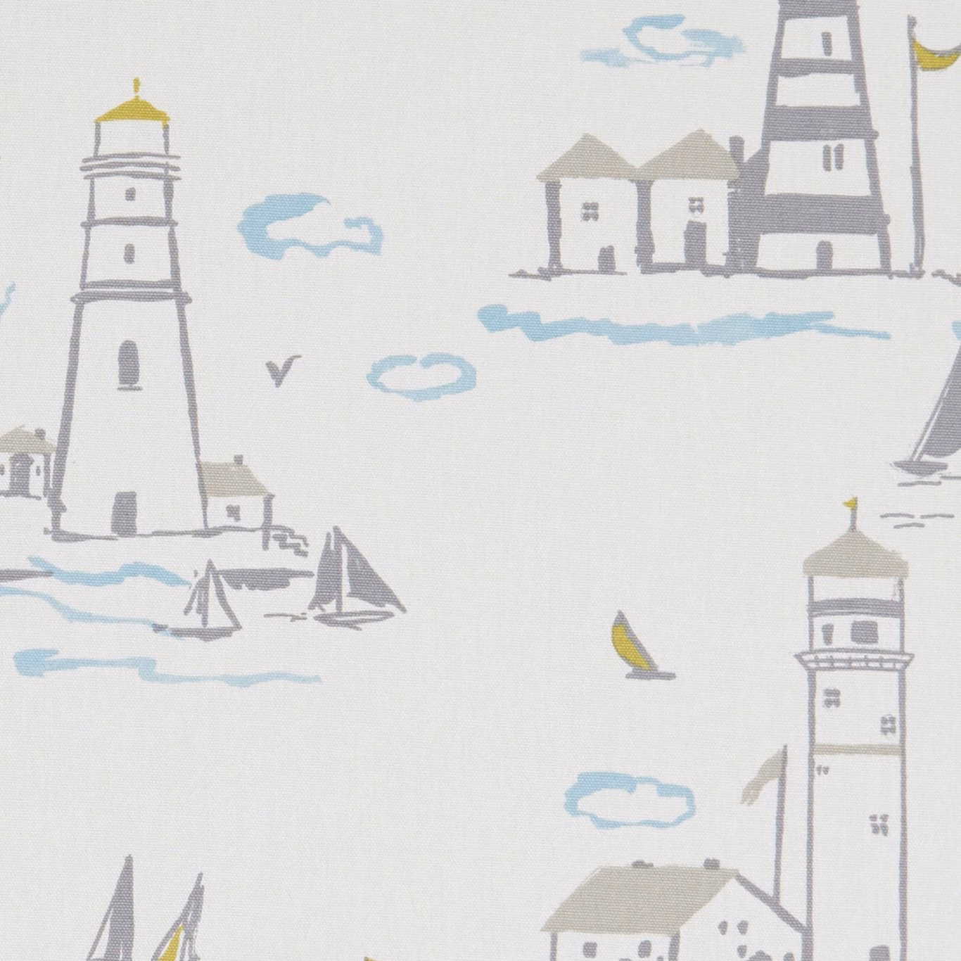 Mineral cream fabric with grey lighthouses, pale blue clouds and yellow sails