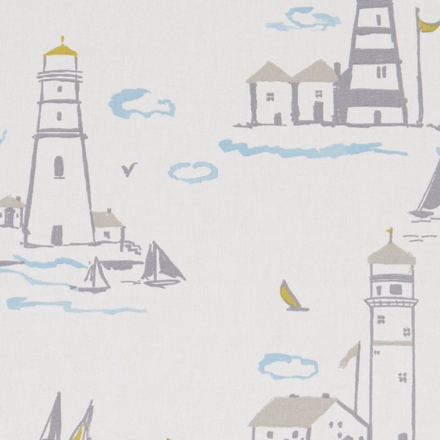 Mineral cream fabric with grey lighthouses, pale blue clouds and yellow sails