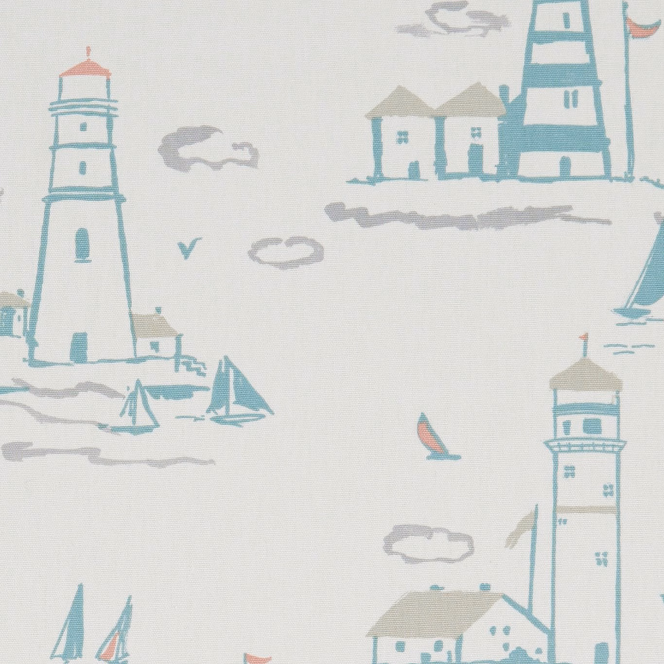 Pale coastal fabric with teal lighthouses, grey clouds, boats and coral sails