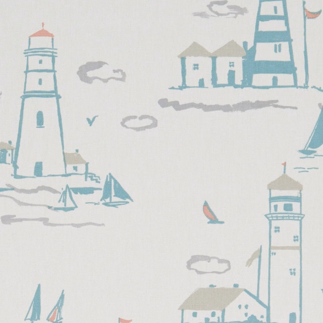 Pale coastal fabric with teal lighthouses, grey clouds, boats and coral sails