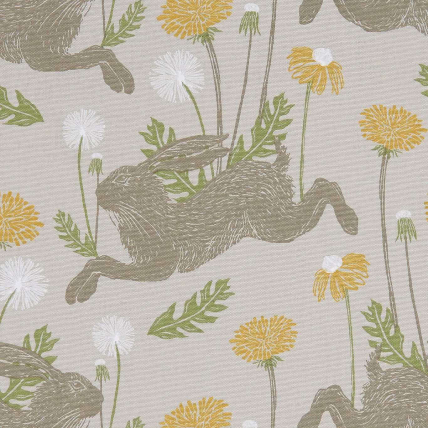 Taupe running hares, mustard dandelions and green leaves on pale woven linen fabric