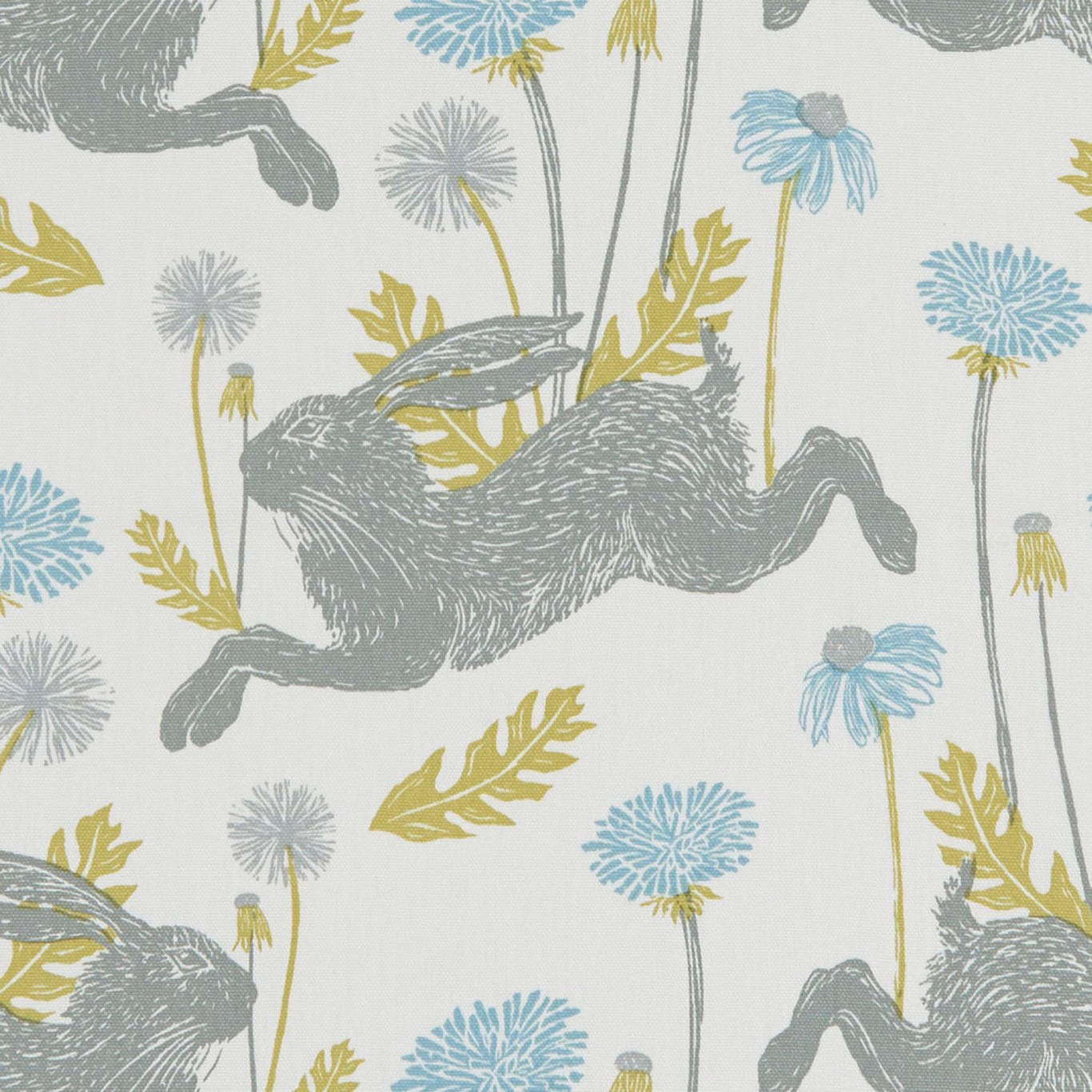 Pale mineral fabric with leaping grey hares, blue flowers and olive leaves