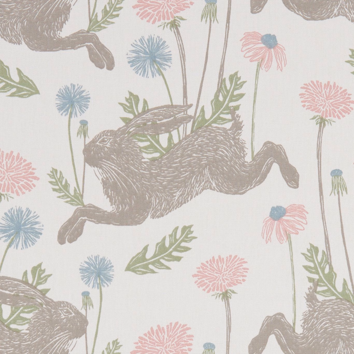 Taupe leaping hares among blush and blue flowers on an ivory textile