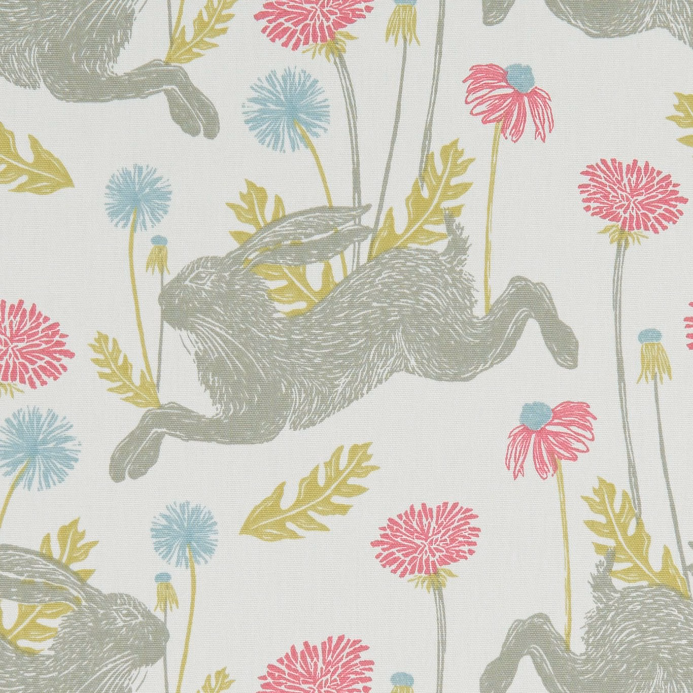 Blue-grey hare fabric with coral flowers, blue blooms and mustard leaves