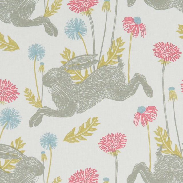 Blue-grey hare fabric with coral flowers, blue blooms and mustard leaves