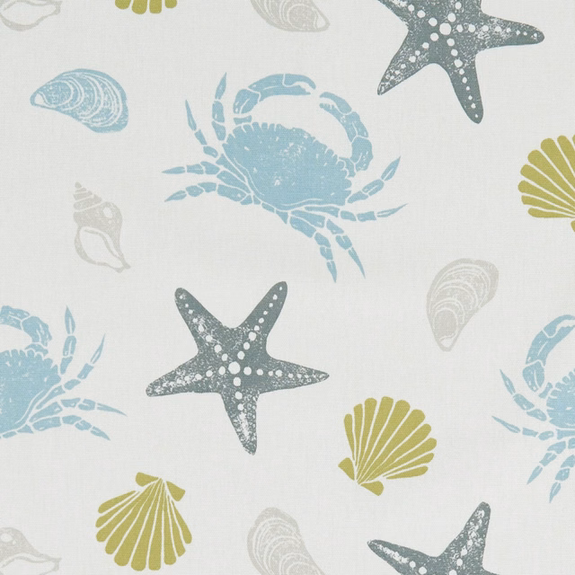 Mineral off-white fabric with aqua crabs, olive shells and charcoal starfish