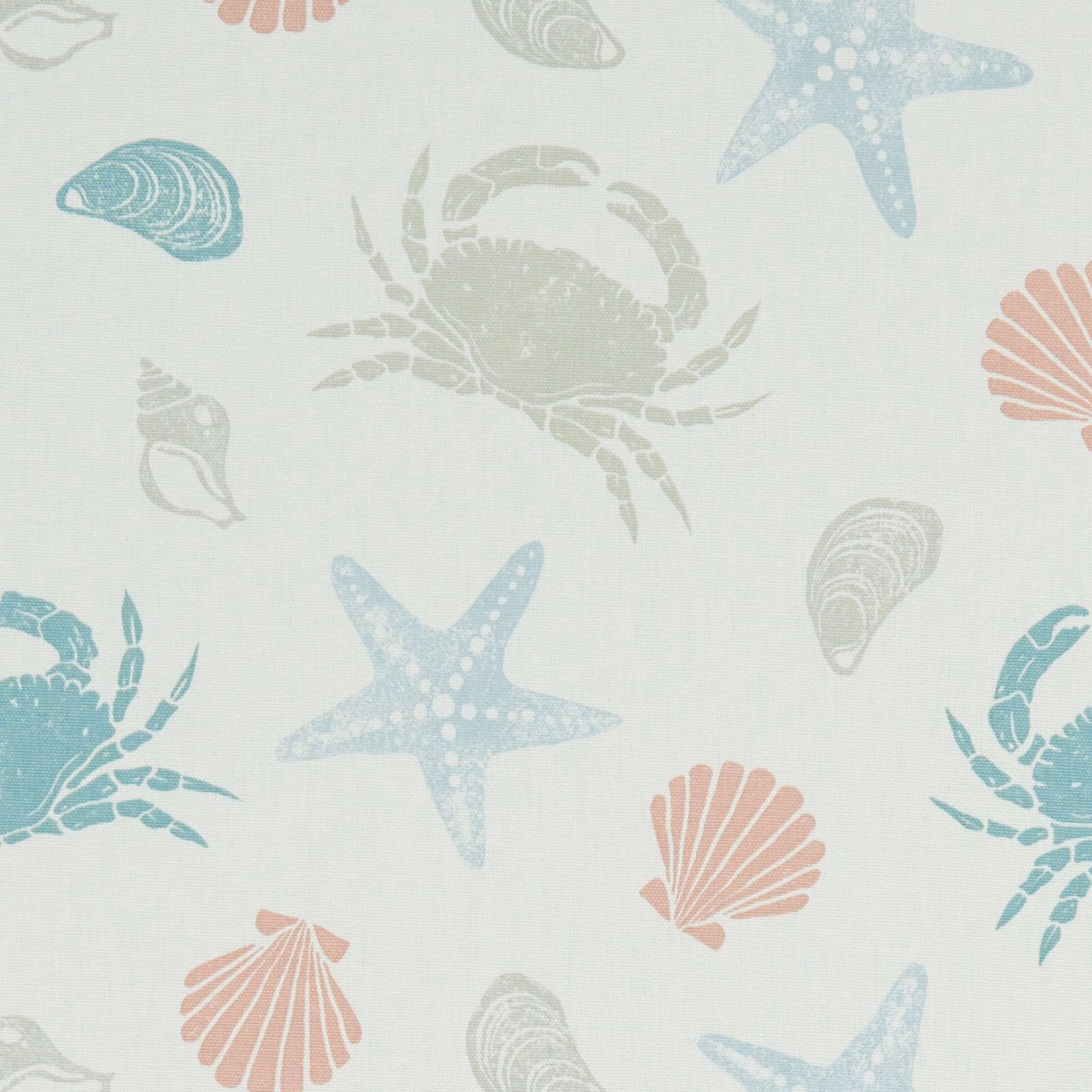 Seafoam ground with coral shells, teal crabs and powder-blue starfish