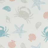 Seafoam ground with coral shells, teal crabs and powder-blue starfish