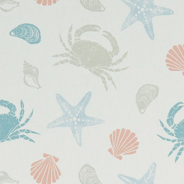 Seafoam ground with coral shells, teal crabs and powder-blue starfish