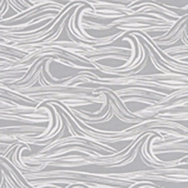 Cool grey fabric with layered white curling wave lines and subtle textile texture