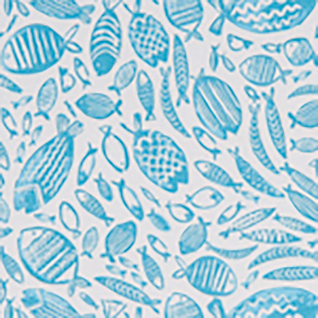 Turquoise striped and patterned fish scattered across a pale aqua fabric ground