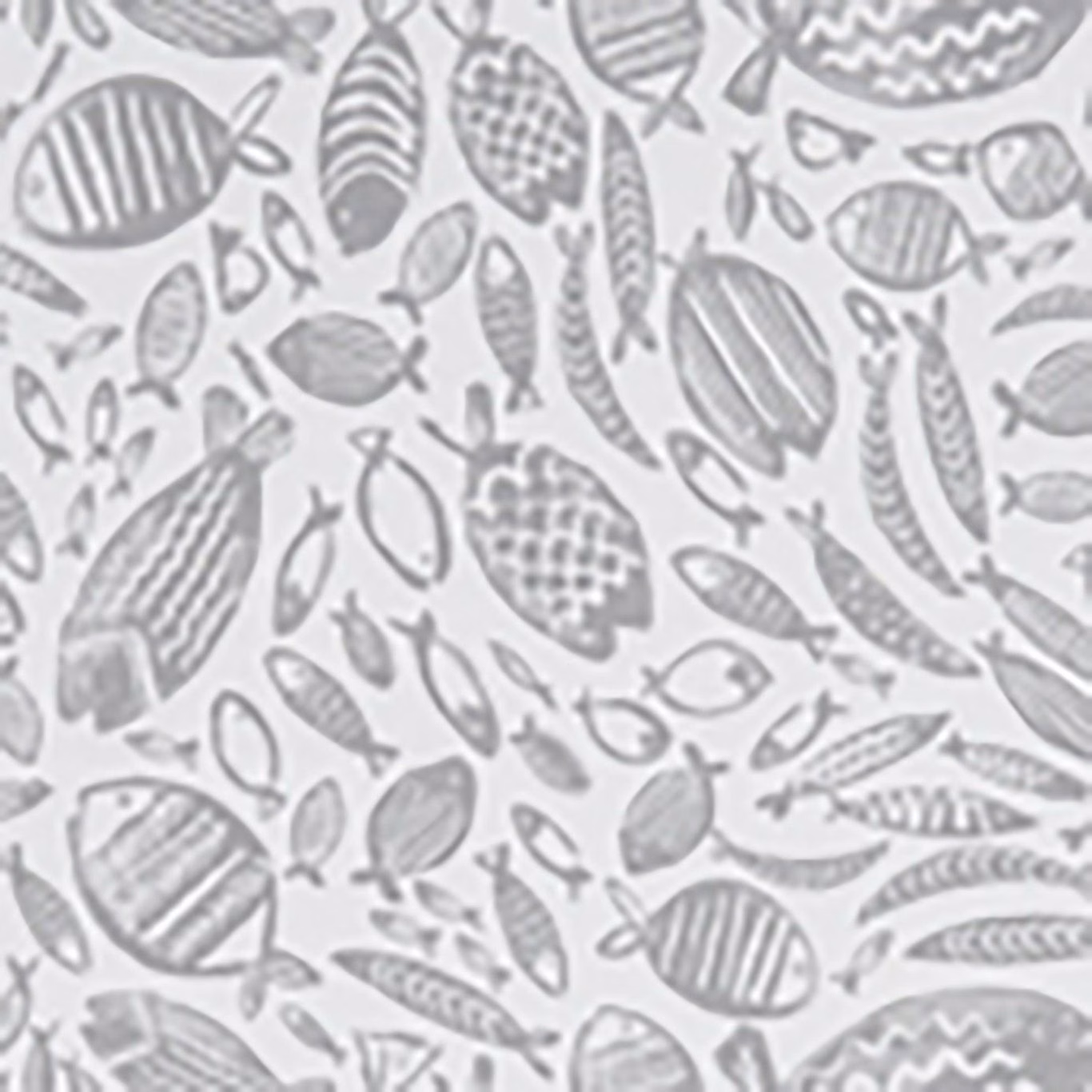 Cool grey fish motifs with stripes, scales and wave marks on a pale ground