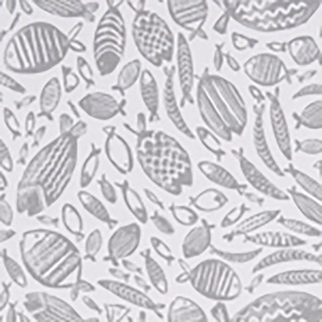 Cool grey fish motifs with stripes, scales and wave marks on a pale ground