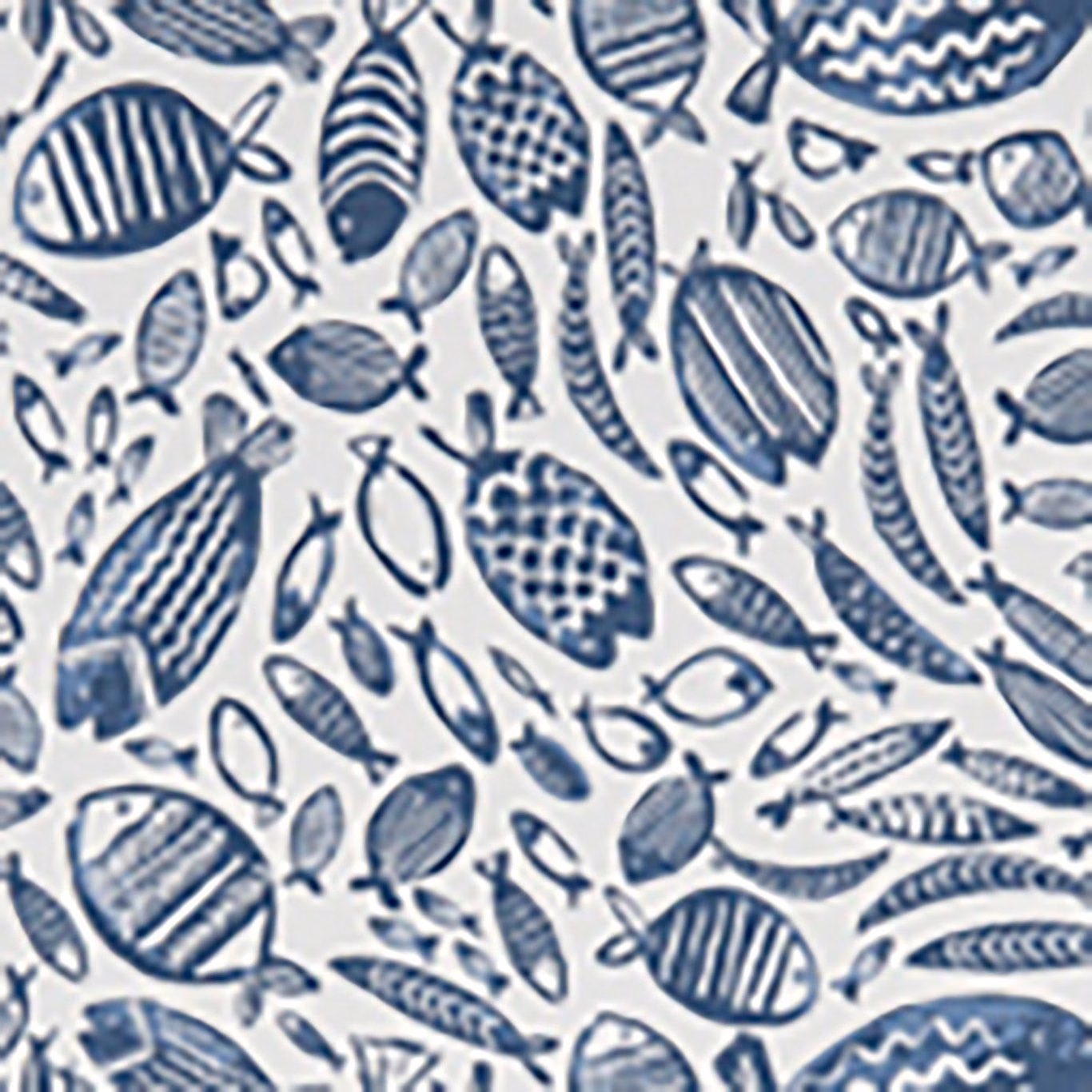 Deep navy and ivory fish motifs with striped, spotted and scaled details