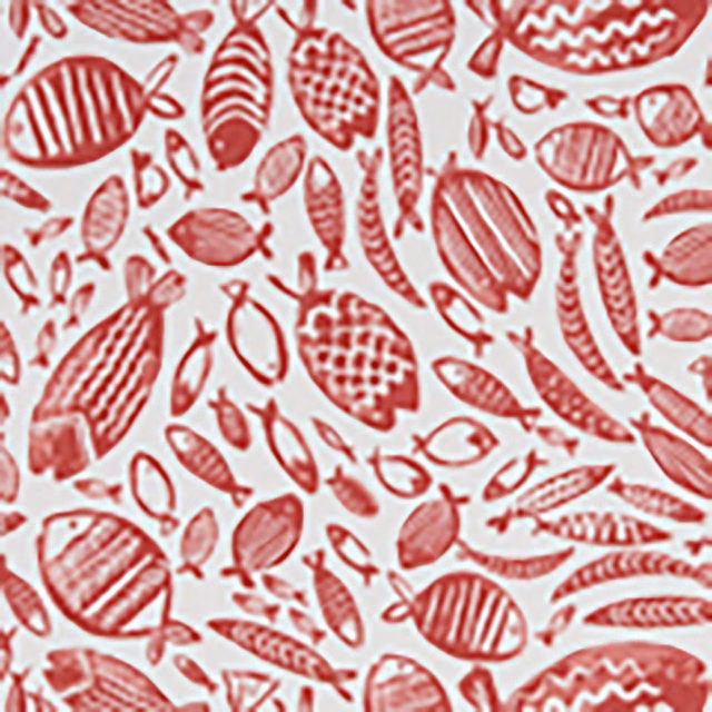 Warm red striped and scaled fish motifs on a creamy off-white textile ground