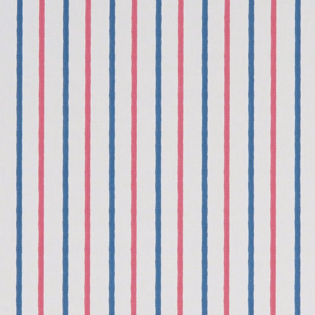 Marine-blue and pink vertical stripes woven across an ivory fabric ground