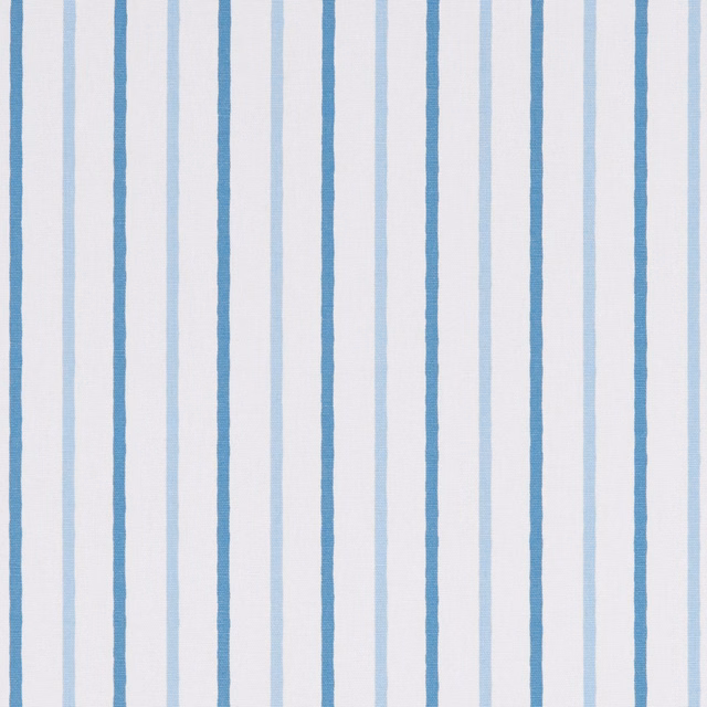 Woven Walcott Navy fabric with irregular cool blue, pale blue and white vertical stripes