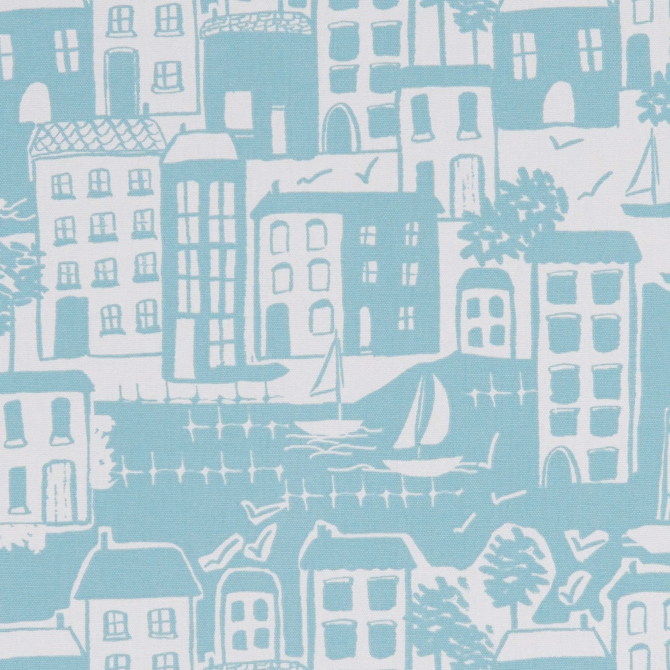 Muted duck-egg cityscape with white seaside buildings, boats and gulls