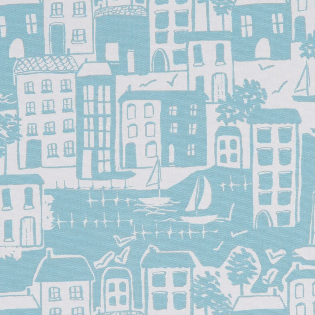 Muted duck-egg cityscape with white seaside buildings, boats and gulls