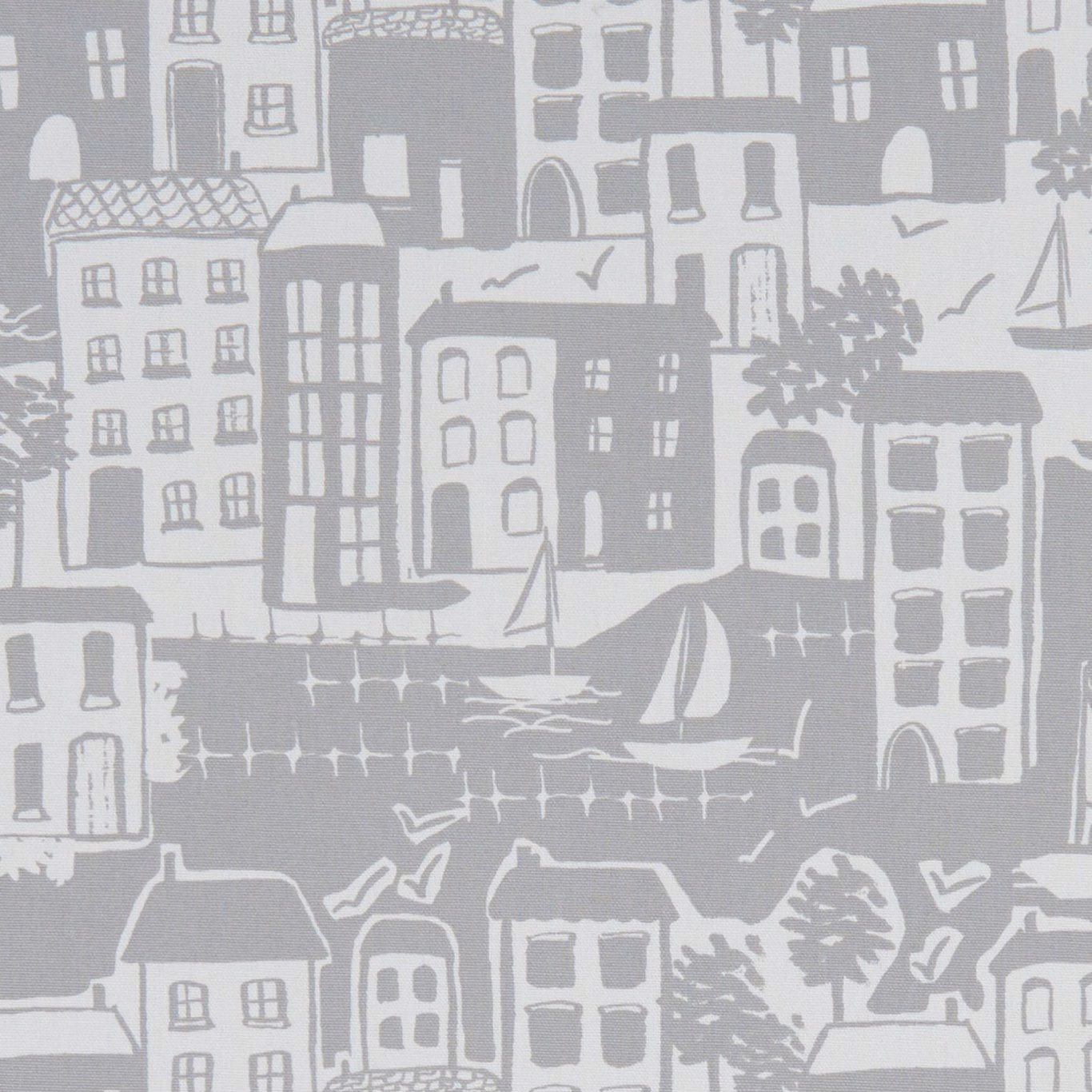Cool grey harbour-town fabric with pale buildings, sailing boats and rippling water motif