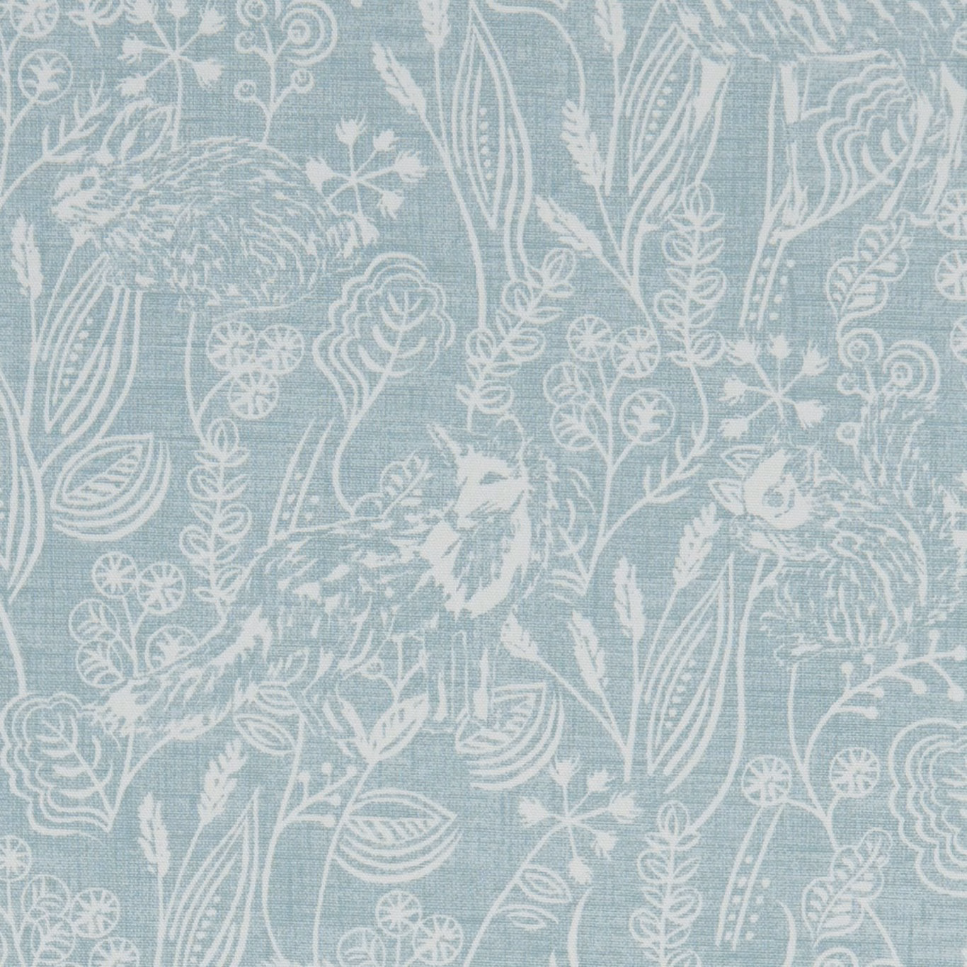 Pale duck-egg blue fabric with white botanical stems, leaves and flowers