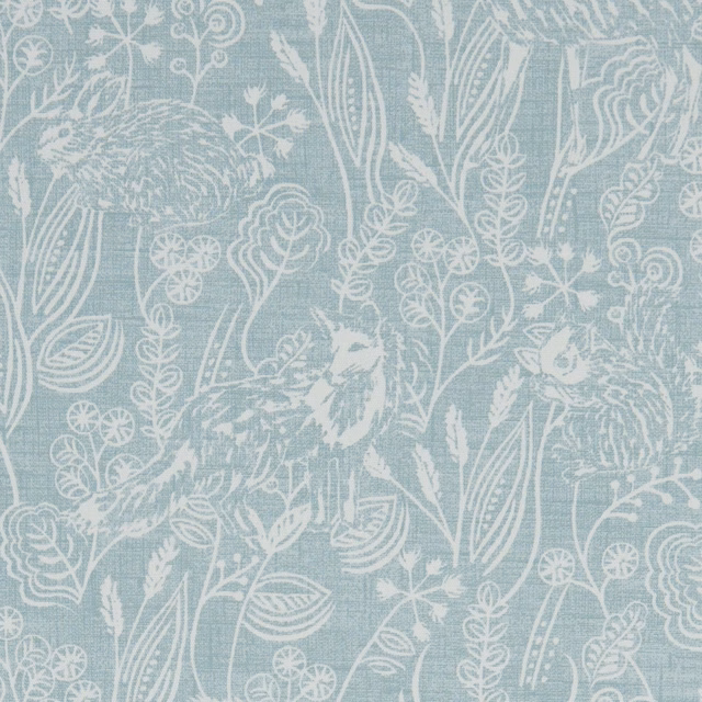 Pale duck-egg blue fabric with white botanical stems, leaves and flowers