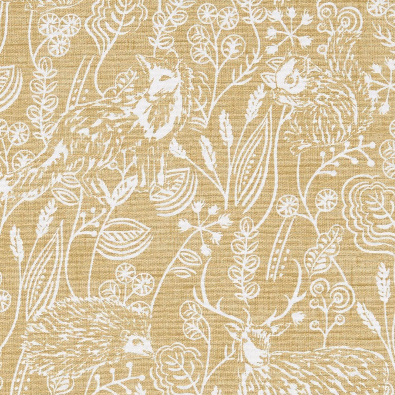 Ochre woven fabric with cream birds, foliage, flowers and fine botanical linework