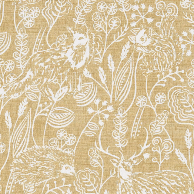 Ochre woven fabric with cream birds, foliage, flowers and fine botanical linework