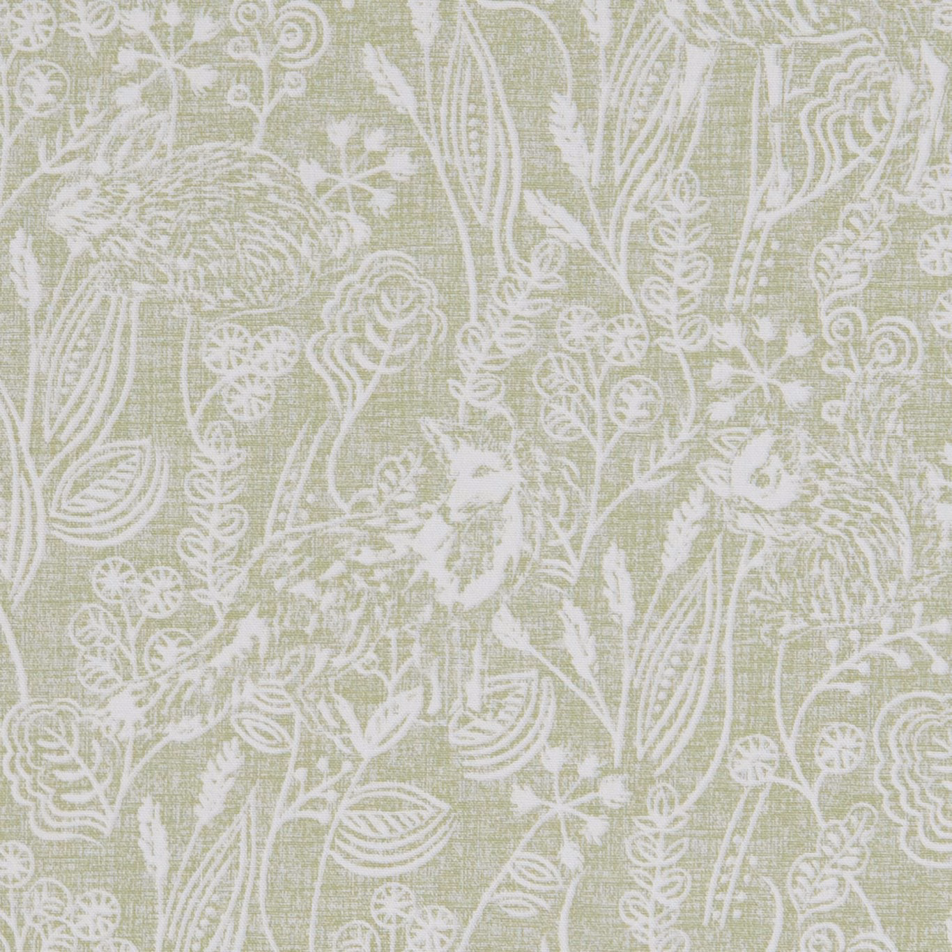 Pale sage woven ground with white botanical tracery and visible crosshatch texture
