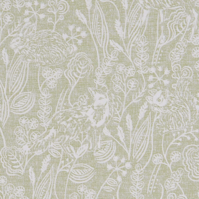 Pale sage woven ground with white botanical tracery and visible crosshatch texture