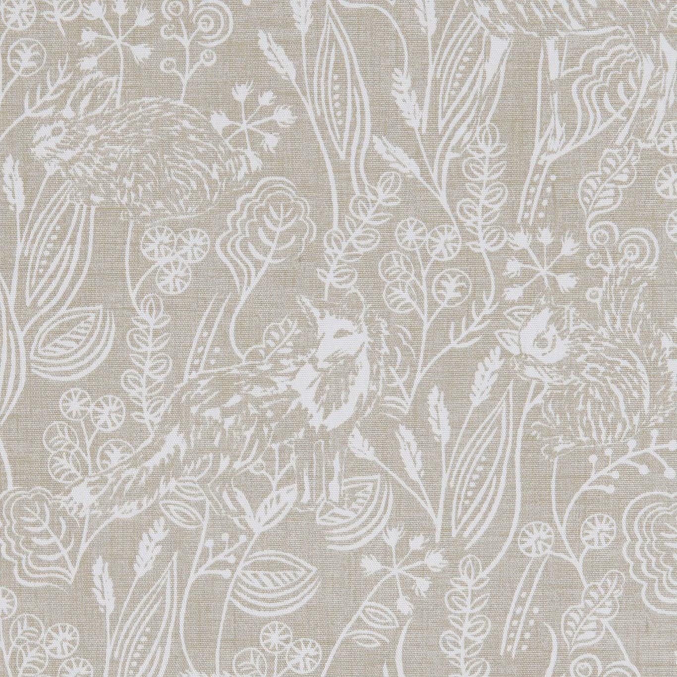 Taupe textile with ivory botanical outlines, leafy stems and animal-like motifs