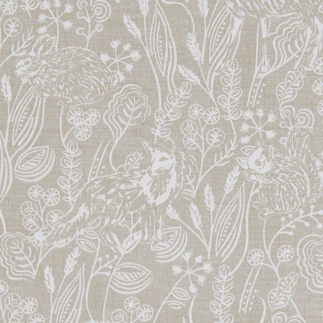 Taupe textile with ivory botanical outlines, leafy stems and animal-like motifs
