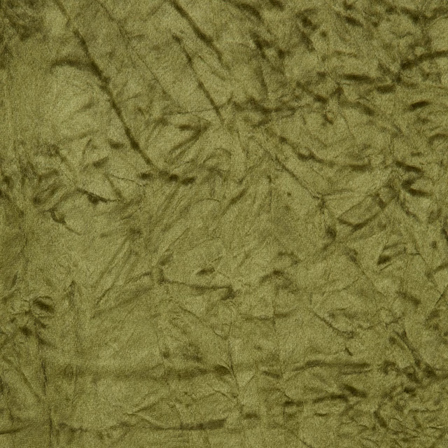Mottled olive green textile with softly crinkled botanical-like lines and a gentle sheen