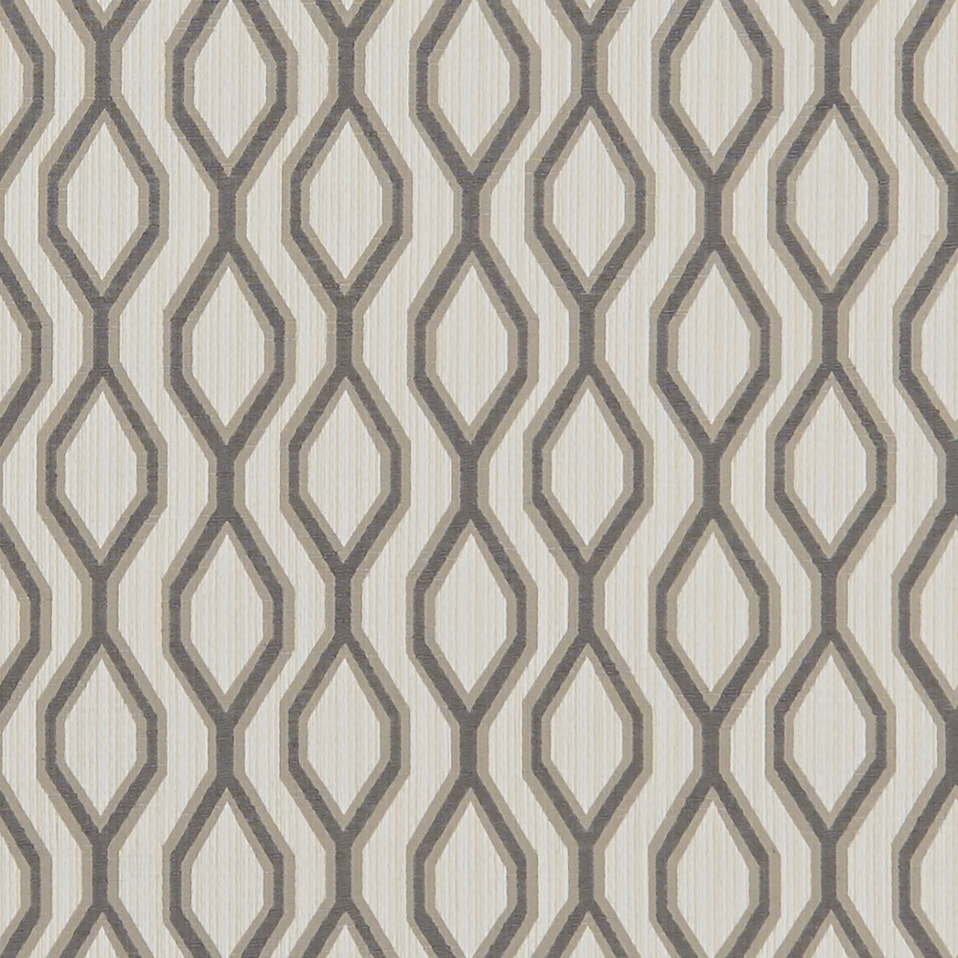 Warm greige fabric with charcoal linked diamond trellis and fine vertical woven texture