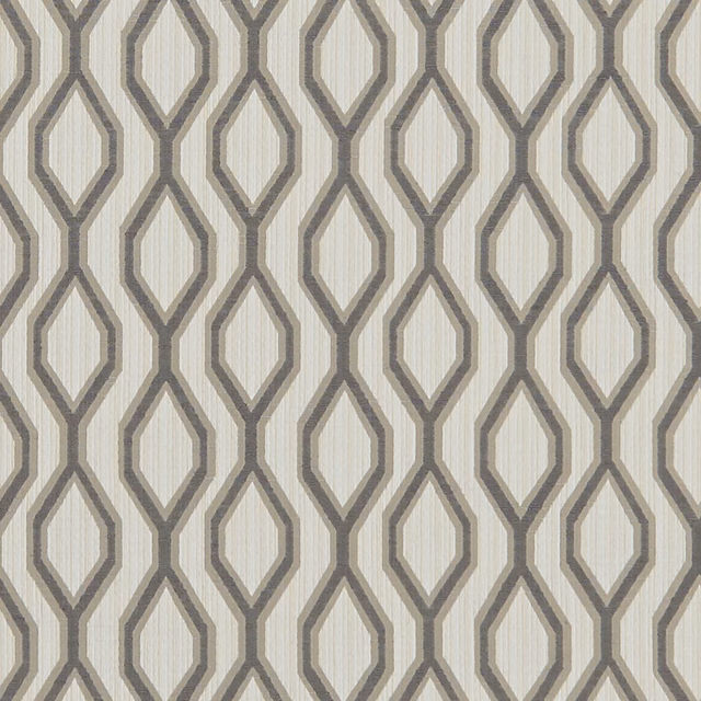 Warm greige fabric with charcoal linked diamond trellis and fine vertical woven texture