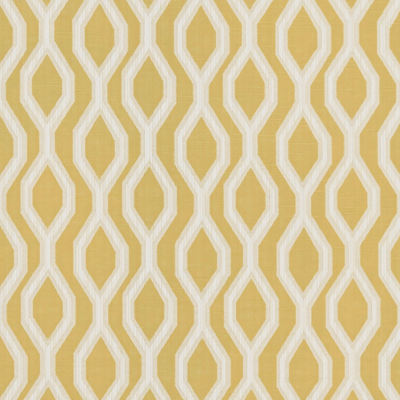Citrus-yellow woven fabric with repeating ivory linked-diamond geometric pattern