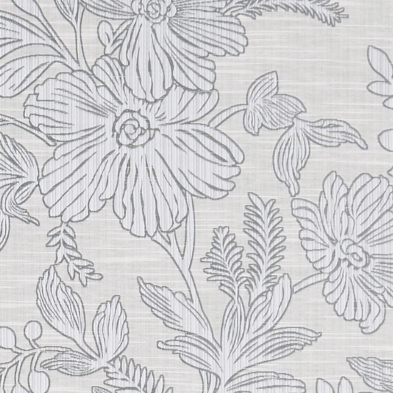 Pale silver fabric with cool grey outlined flowers, leaves and crosshatched weave
