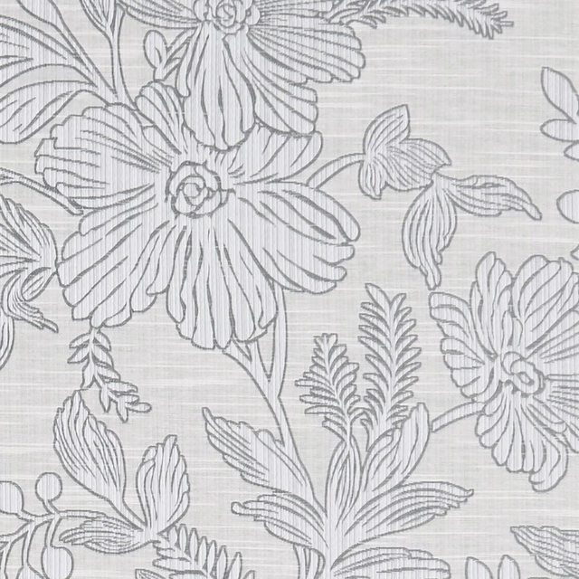Pale silver fabric with cool grey outlined flowers, leaves and crosshatched weave
