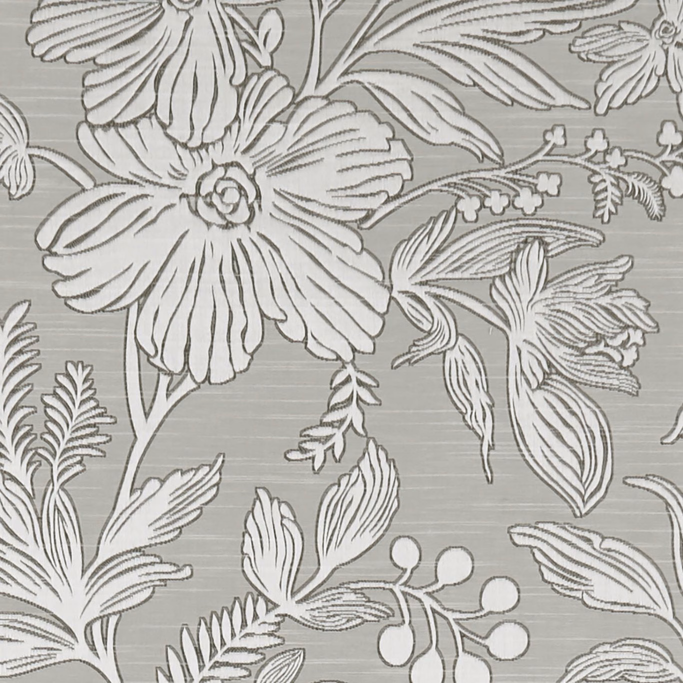 Muted taupe fabric with oversized ivory flowers, leaves and fine horizontal texture