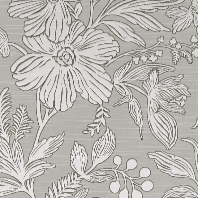 Muted taupe fabric with oversized ivory flowers, leaves and fine horizontal texture