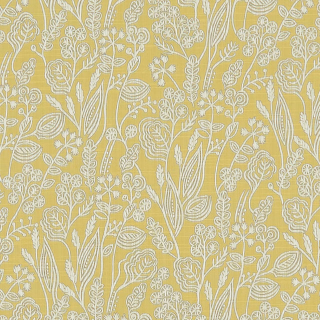 Citrus-yellow fabric with dense ivory botanical linework and subtle woven texture