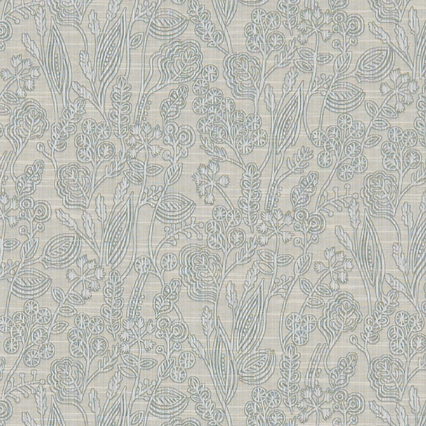 Cool silver-grey botanical fabric with fine outlined stems, leaves and curling seed-head motifs