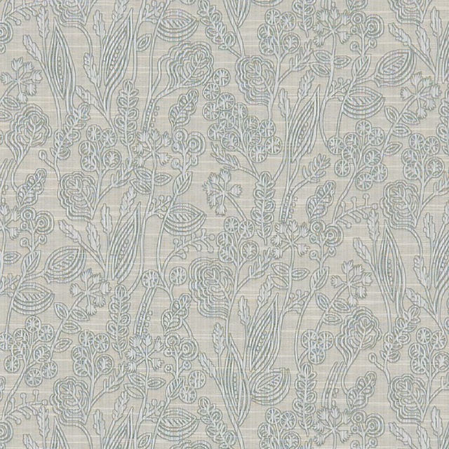 Cool silver-grey botanical fabric with fine outlined stems, leaves and curling seed-head motifs