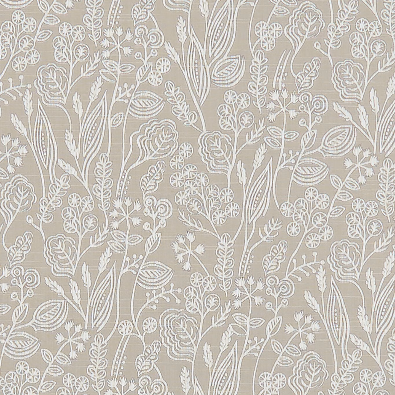Muted taupe fabric with dense ivory botanical stems, leaves and curling flower motifs