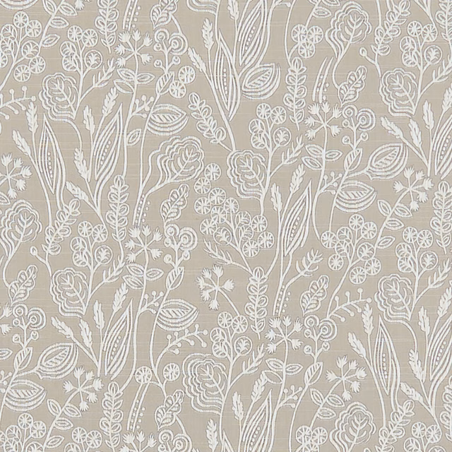 Muted taupe fabric with dense ivory botanical stems, leaves and curling flower motifs